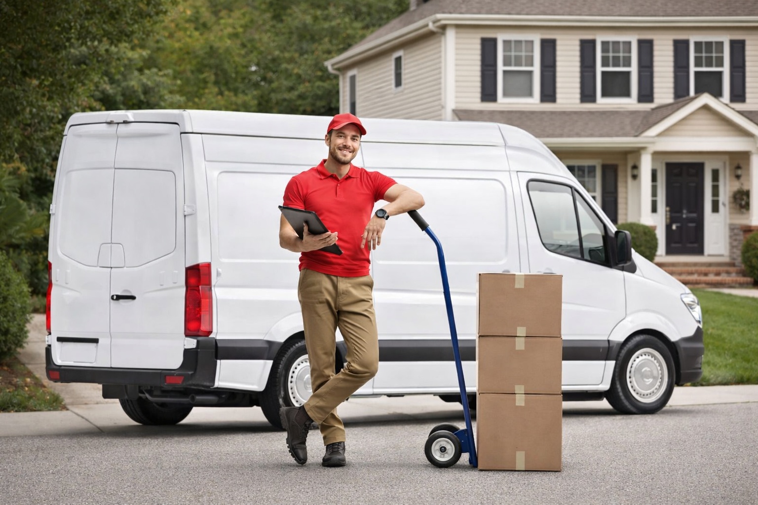 Delivery van delivering a package to a home
